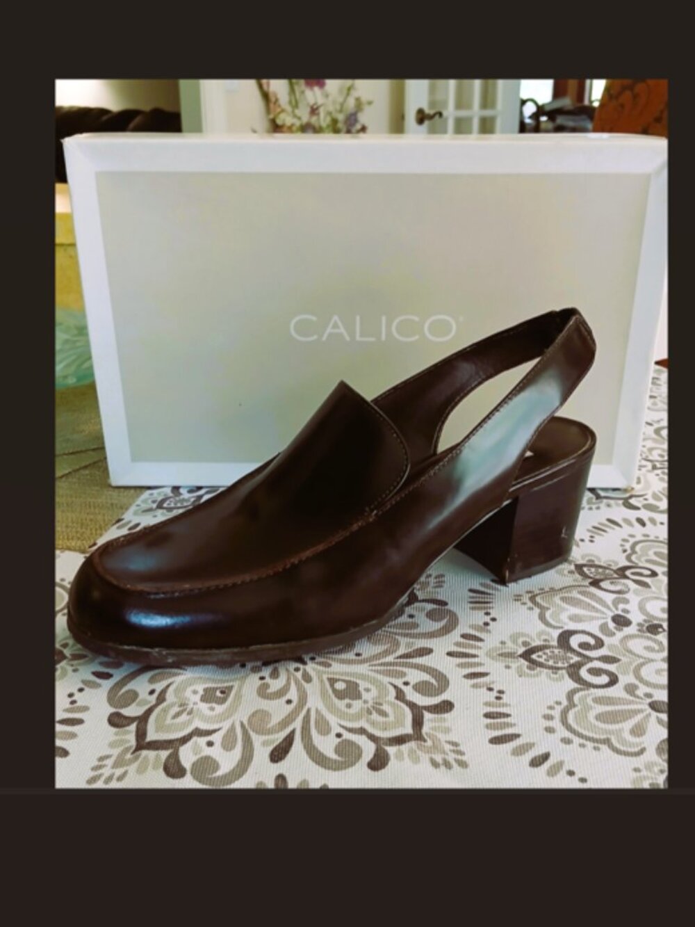 Vintage Calico Chocolate Openmock Slingback Chunky Heels Leather Upper 8Narrow